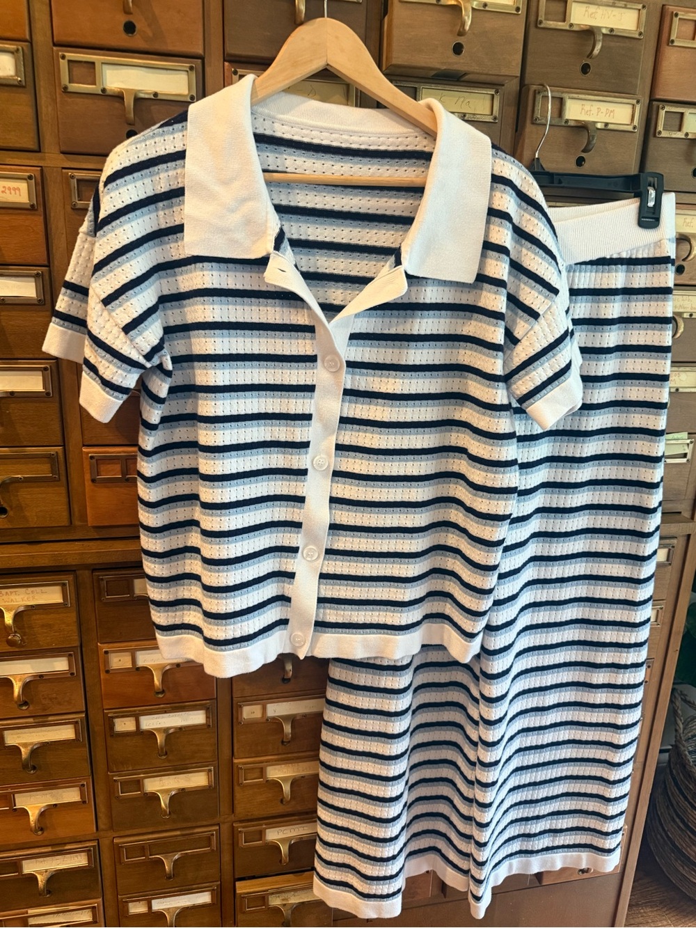 XXL White, Light Blue, Navy Striped Button-Up Top and Pants Lounge Set
